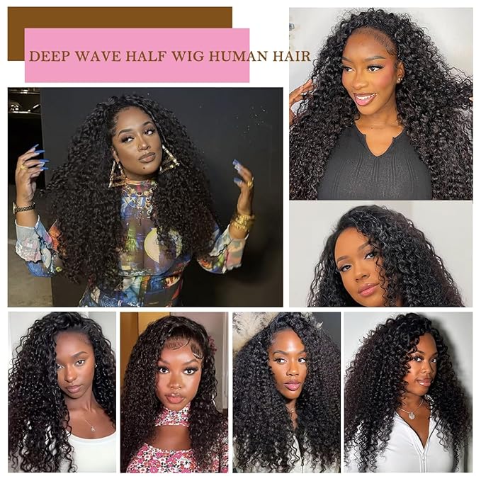 Half Wig Human Hair Deep Wave Glueless Curly Half Wig Invisible Hairline 200 Density Ready to Wear and Go Seamless Flip Over Design for Beginners with Wear Go Headband Wigs for Women 22 Inch