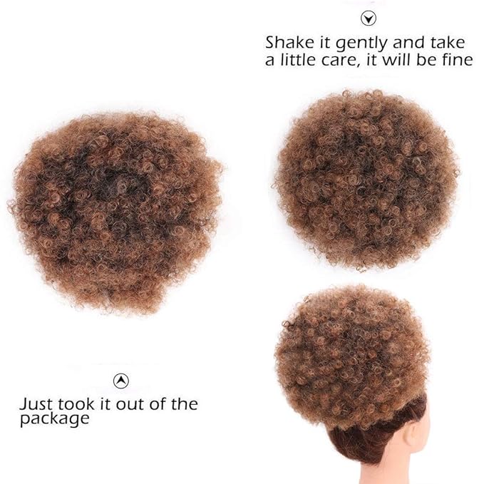 AISI QUEENS High puff Afro Ponytail Drawstring Short Kinky Curly Warp for African American Synthetic hair puff extensions with color Black to Auburn Brown (1B/30#)