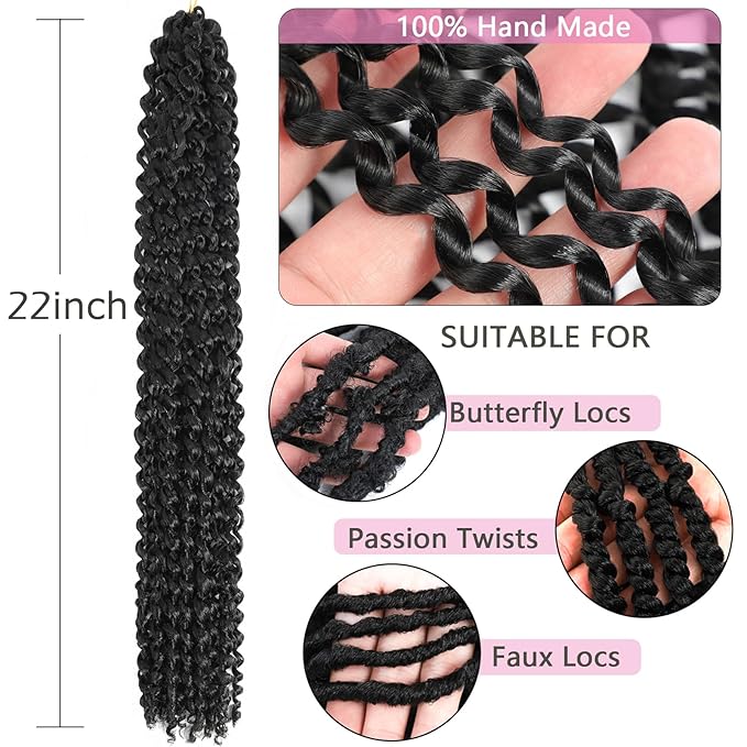 Passion Twist Hair 22 Inch 8 Packs Long Passion Twist Crochet Hair For Women Water Wave Braiding Hair Bohemian Spring Twist Hair Synthetic Hair Extension (22 Inch (Pack of 8), 1B#)