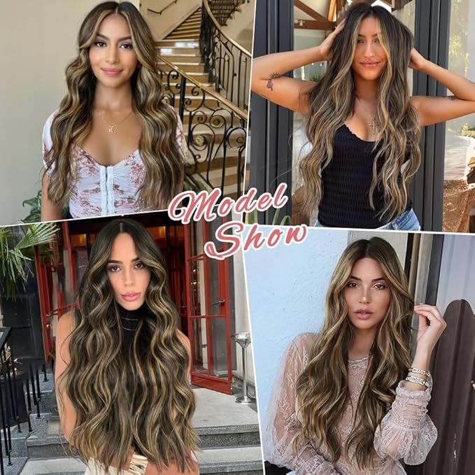 ALXNAN Clip in Long Wavy Synthetic Hair Extension 24 Inch Black&Dark mix light brown 4PCS Thick Hairpieces Fiber Double Weft Hair for Women