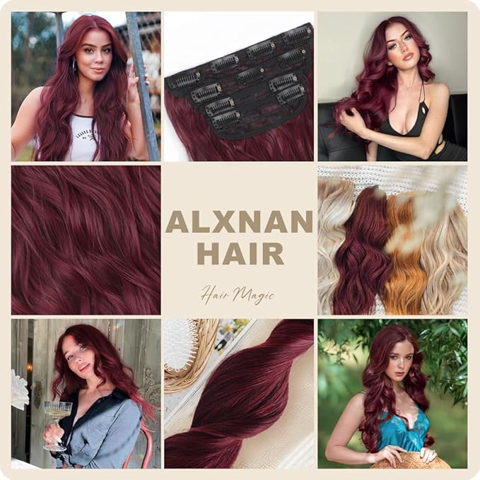 ALXNAN Clip in Long Wavy Synthetic Hair Extension 24 Inch Burgundy 4PCS Thick Hairpieces Fiber Double Weft Hair for Women