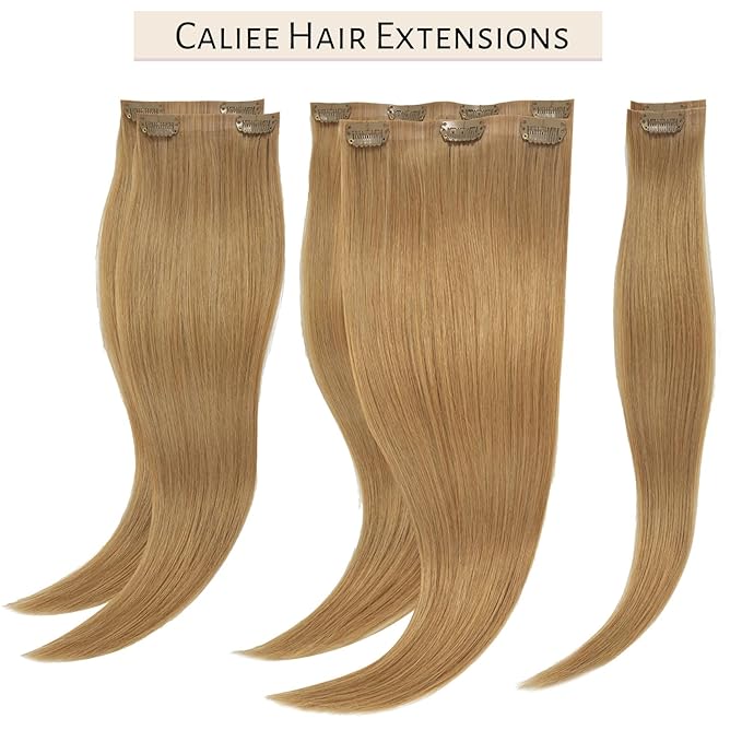 Caliee Seamless Clip in Human Hair Extensions 14Inch Color Caramel Blonde Ultra Thin PU Weft Remy Real Hair Straight Clip in Hair Extensions Silky Straight 110G