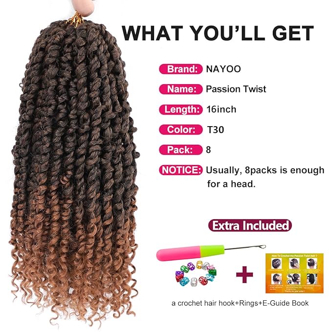 NAYOO Passion Twist Hair - 8 Packs 16 Inch Water Wave Crochet Hair,Passion Twist Crochet Hair For Women Long Passion Twists Synthetic Braiding Hair Extensions(16 Inch 8 Packs,T30)