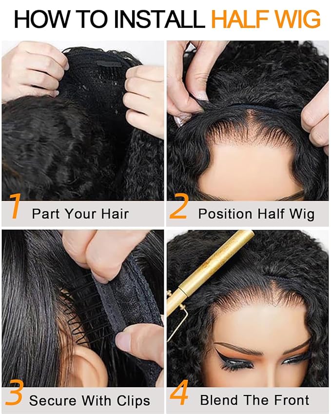 Kinky Curly Half Wig Human Hair 200% Density Wear And Go Glueless Wigs Human Hair Flexi-Fit Afro Curly 3 In 1 Half Wigs for Black Women Drawstring Seamless Flip Headband Wig 20 Inch