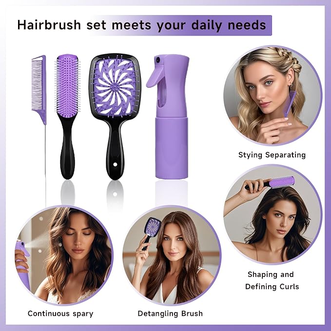 11 Pcs Hairbrush Set, Detangle Hair Brush And Spray Bottle, 3 Pieces Smooth Hairbrush For Toddlers, Suitable For Wet and Dry Hairstyles, Suitable For Adults And Children. (Purple)