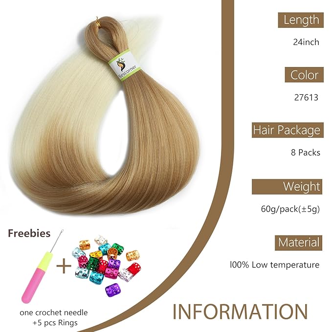 Ombre Braiding Hair Pre Stretched 24 Inch 8 Packs, Synthetic yaki Ombre Blond Pre Stretched Braiding Hair 27/613#