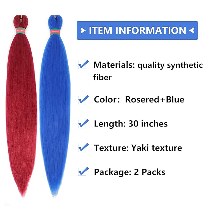 Rose Red+Blue Pre stretched Braiding Hair 2 Packs Pre feathered Braid Hair Extensions 30 Inches Hair Braids
