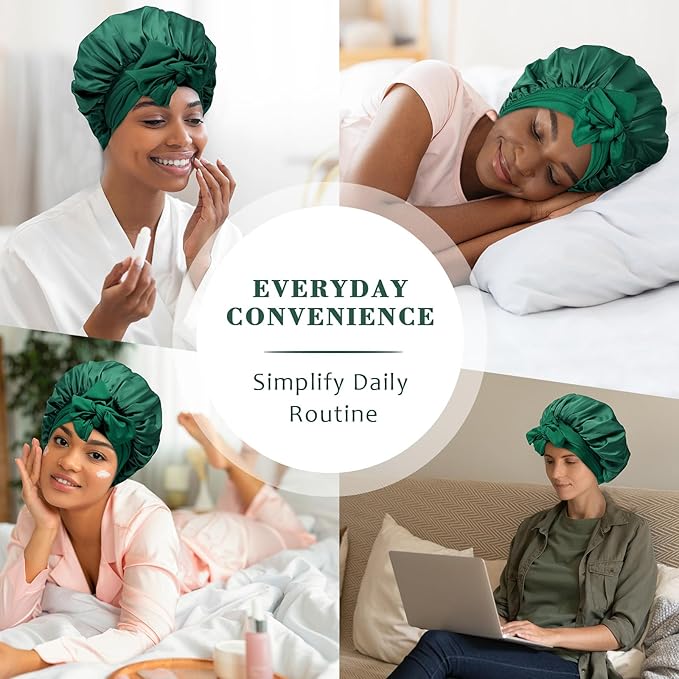 Satin Hair Bonnet with Wide Band Silk Sleeping Bonnets Hair Wrap for Women Girls Night Cap with Tie Band Satin Bonnet (Green)