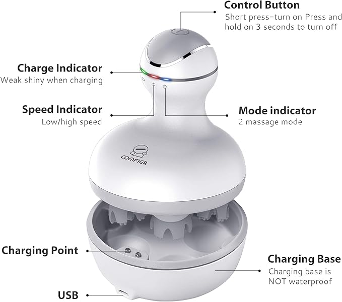 COMFIER Cordless Scalp Massager Hair Growth,Electric Head Massager Scalp Stress Relax with4 Soft Silicone Massage Heads,Waterproof Hair Massager Scalp,Dog&Cat Massager,Gifts for Him Her