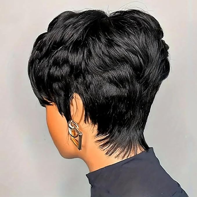 UMEGOOD Pixie Cut Wig Human Hair Pixie Cut Wigs for Black Women Glueless Short Layered Brazilian Virgin Human Hair Wigs For Women Natural Black Color