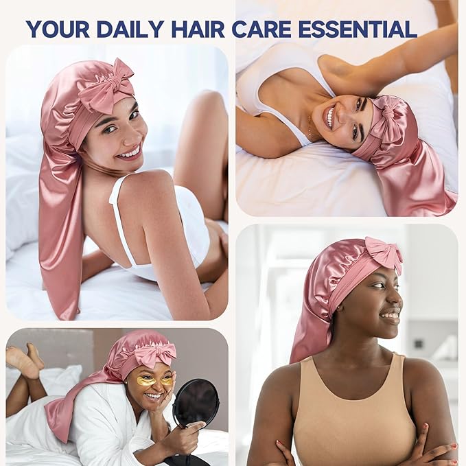 Umisleep Silk Bonnet for Sleeping Women, 22 Momme Mulberry Real Silk, Long Hair Bonnet for Braids & Curls to Reduce Frizz, Double Layer Hair Wrap with Soft Adjustable Tie Band, Pink