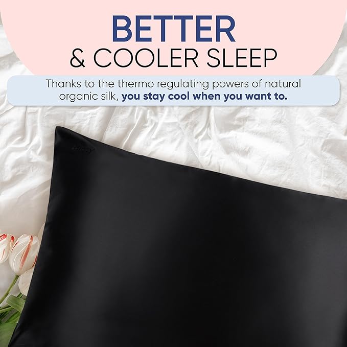 Blissy Silk Pillowcase - 100% Pure Mulberry Silk - 22 Momme 6A High-Grade Fibers - Silk Pillow Cover for Hair & Skin - Regular, Queen & King (Black, King)