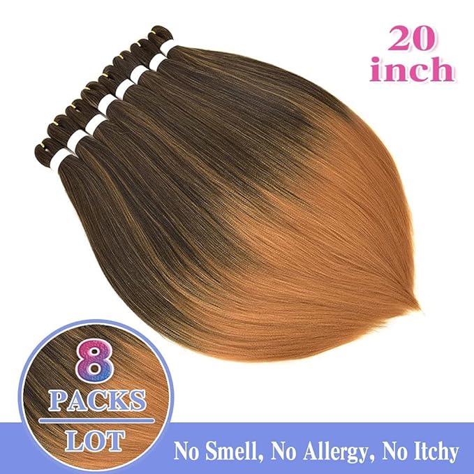 8 Pack Ombre Braiding Hair Pre Stretched - 20" 80G/Pack Premium Pre Stretched Braiding Hair Extensions, Professional Itch Free Hot Water Setting Yaki Texture Prestretched Hair (1B27)