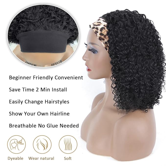 AISI QUEENS Human Hair Headband Wigs for Black Women - Curly, Glueless, Easy Wear - 10 Inch, Medium Cap Size (21.5 Inch)