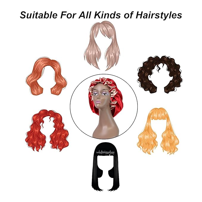 Silk Bonnet for Sleeping Satin Bonnets Double Layer Reversible Hair Cap Bonnet for Women Long Curly Braid Hair (Red)