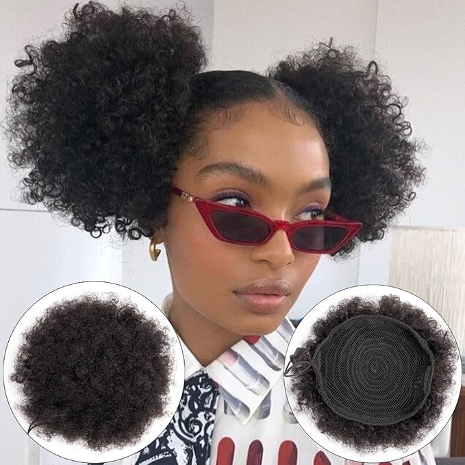 Afro Puffs Large Human Hair Buns Natural Drawstring Ponytail Extensions Updo Chignon 8 Inch Natural Black for Black Women Girls