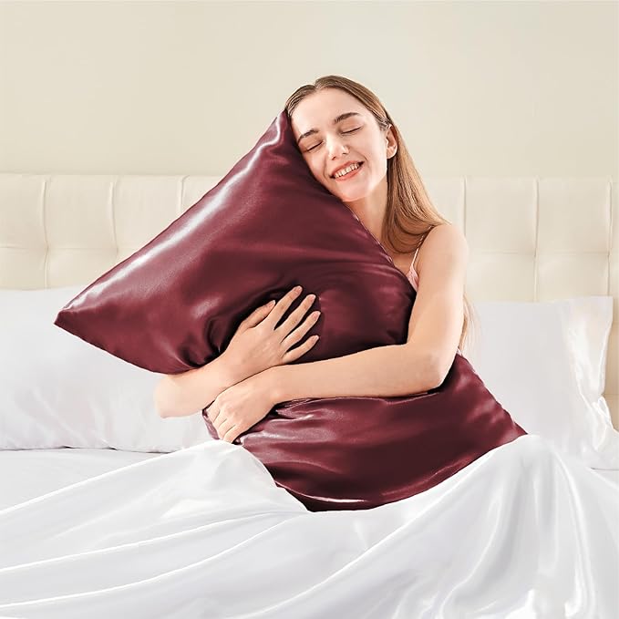 BEDELITE Satin Body Pillow Cover 2 Pack, Super Soft and Cooling Body Pillow Pillowcase for Hair and Skin, Breathable Silky Full Long Pillowcase Cover(20"x54", Burgundy)