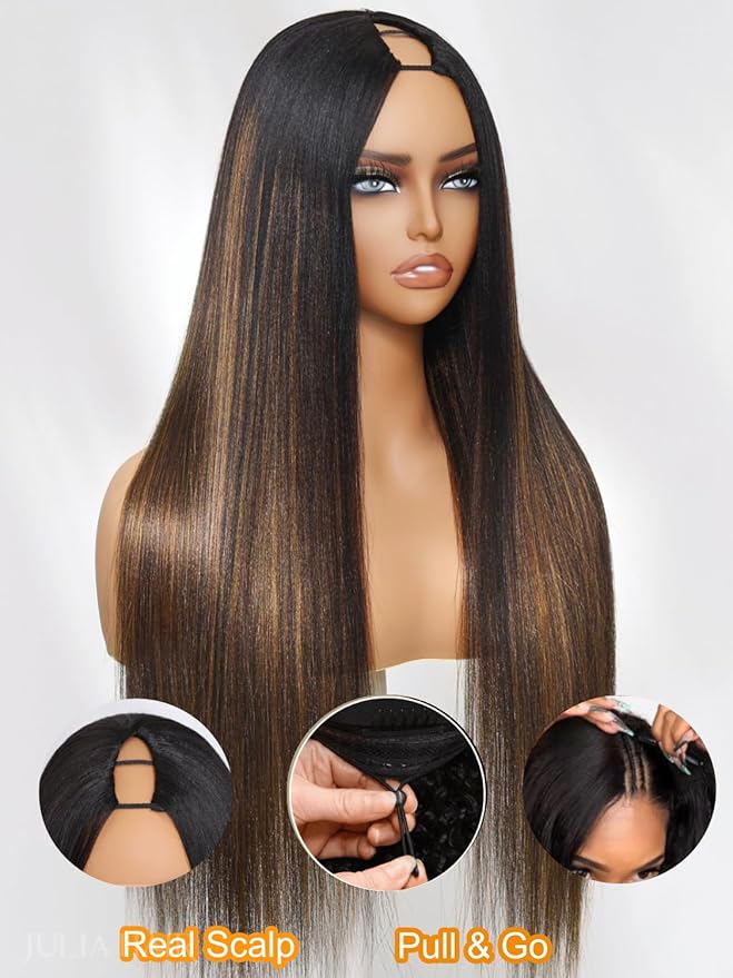 Julia Hair V Part Glueless Wig Human Hair Yaki Straight Highlight Balayage Ombre Brown Upgrade U Part Human Hair Drawstring Clip in Half Wigs No Glue No Lace Ready to Go Beginner Friendly 26 Inch