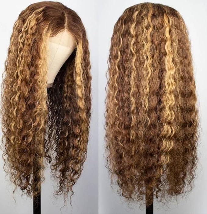 Chesma 24inch Highlight Ombre Lace Front Wig Human Hair 13x4 HD Honey Blonde 4/27 Deep Wave Lace Frontal Wigs Glueless Wigs Human Hair Pre Plucked180 Density