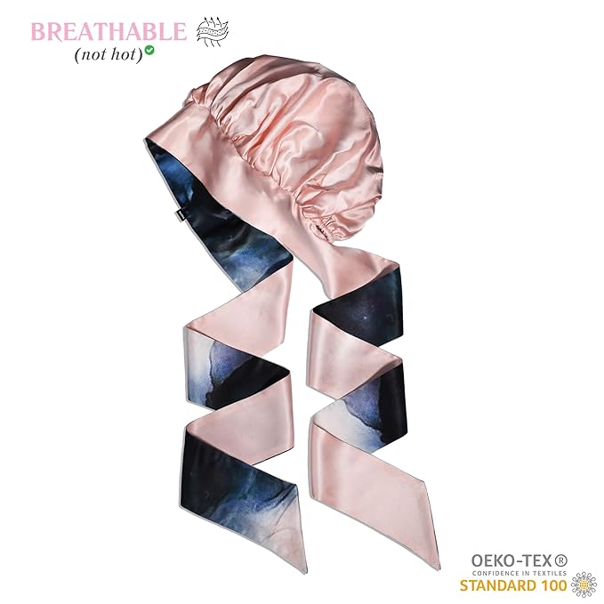 100% Mulberry Silk Bonnet with Ties – Adjustable 19 Momme Double-Layer Reversible Hair Wrap – Stay-On Sleep Cap for Women, Curly Hair, Natural Hair Care – Handmade in USA (Blue & Blush)