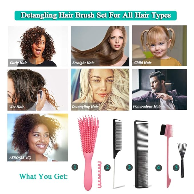 EZ Detangler Brush with Edge Brush, Rat Tail Combs Set for Natural, Curly, Wet/Dry, Black Hair, Flex Detangling Brush set for Hair Style and Cuting, No Pain and Easy Clean in Daily Use(Pink + Black)