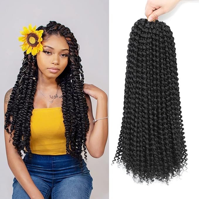 132 strands Passion Twist Hair Water Wave Black Color Curly Crochet Braids For Bomb Twists Goddess locs 18inch Long Bohemian Curl Synthetic Braiding Hair Extensions (18inch, 1B)