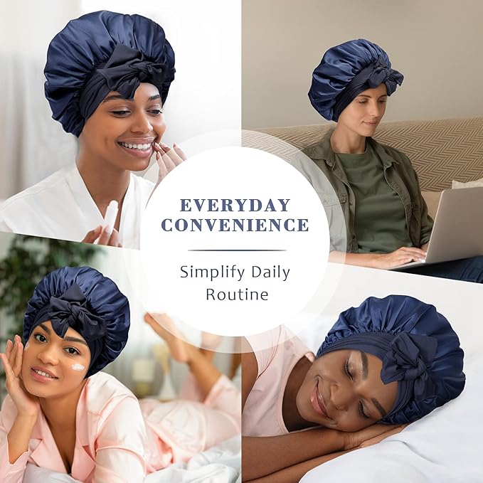 Satin Hair Bonnet Wide Band - Silk Like Sleeping Bonnets for Curly Hair Hair Wrap for Night Cap with Tie Band Breathable Satin Bonnet for Women and Girls (Navy)