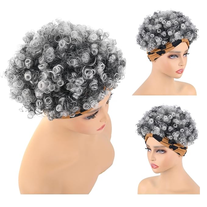 Grey Afro Headband Wig Short Afro Kinky Curly Wigs for Black Women Glueless Salt And Pepper Afro Wigs with Headbands Attached Synthetic with 2 Clips