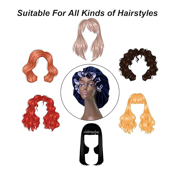 Silk Bonnet for Sleeping Satin Bonnets Double Layer Reversible Hair Cap Bonnet for Women Long Curly Braid Hair (Navy)