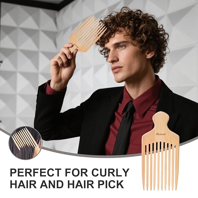 Bamboo Hair Pick for Curly Hair, Premium Wooden Wide Tooth Detangling Comb with Ergonomic Handle, Natural Volume & Styling Tool for Men Women, Fine or Thick Beard Pick