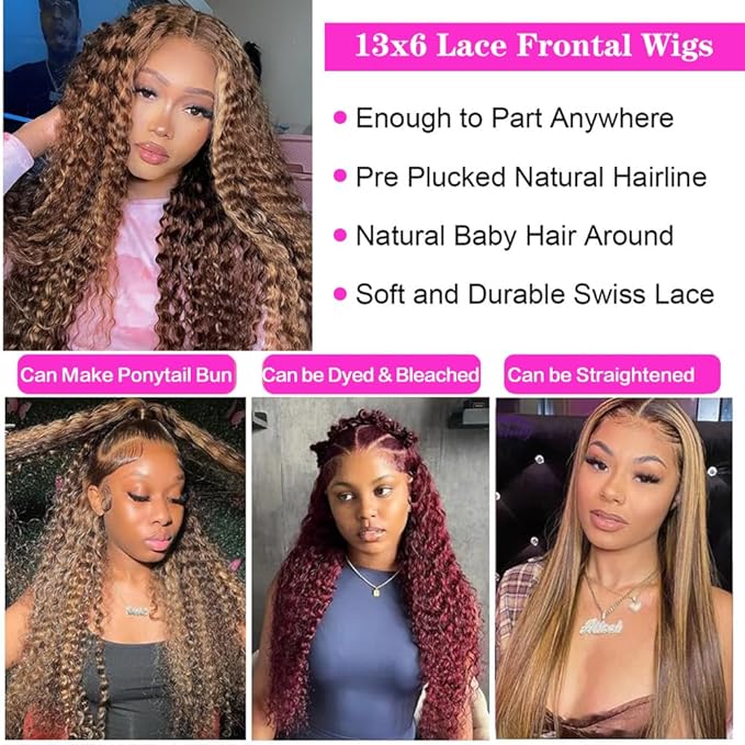 26inch Highlight Ombre Lace Front Wig Human Hair 13x6 HD Honey Blonde 4/27 Deep Wave Lace Frontal Wigs Glueless Wigs Human Hair (4/27 Honey Blonde, 26 inch)