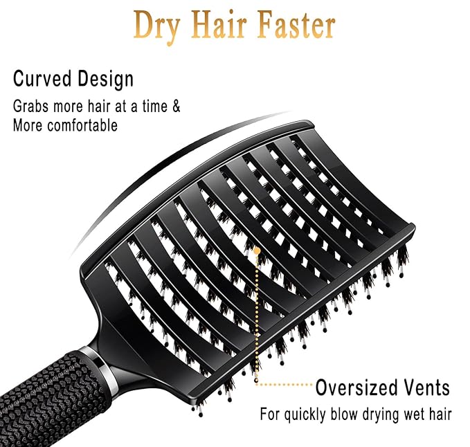 KTKUDY Detangling Brush Boar Bristles Hairbrush Make Hair Shiny & Healthier Curved and Vented Detangler Brush for Women Men Kids Wet & Dry Hair (Black)