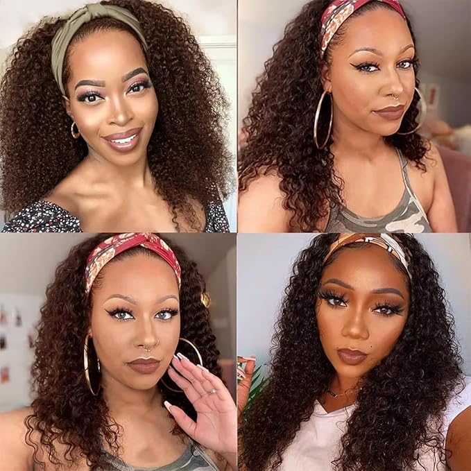 Chocolate Brown Headband Wig Human Hair Curly 20 Inch Machine Made None Lace Front Wig #4 Chocolate Brazilian Virgin Water Wave Headband Half Wigs for Black Women Human Hair