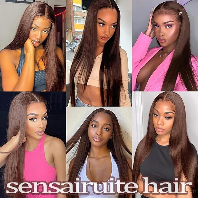 SENSAIRUITE Chocolate Brown Straight Lace Front Wigs Human Hair 13x4 180% Density #4 HD Transparent Glueless Lace Frontal Wigs Pre Plucked with Baby Hair 28 Inch