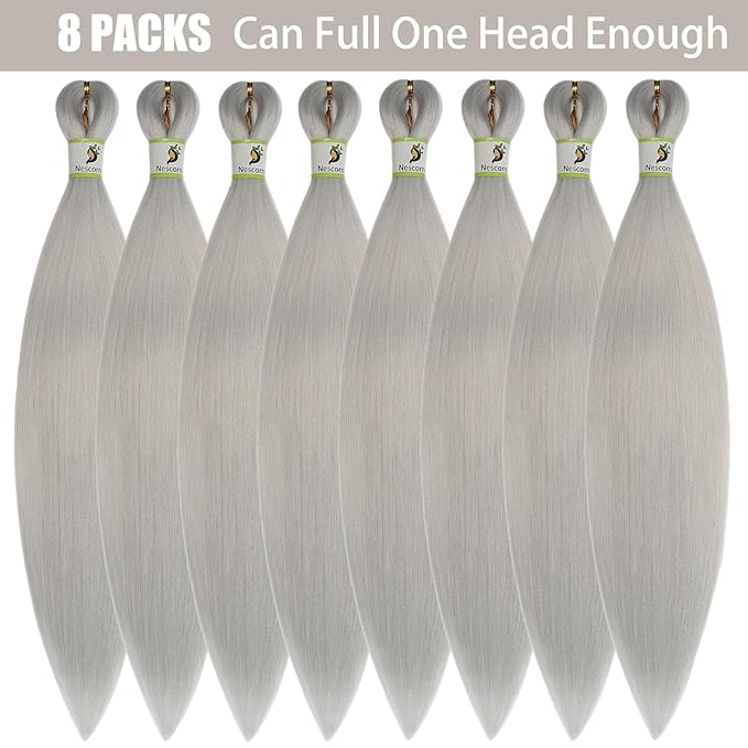 Sliver Braiding Hair Pre Stretched 24Inch 8 Packs, professional Pre Stretched Braiding Hair Extensions and rebundle braiding hair