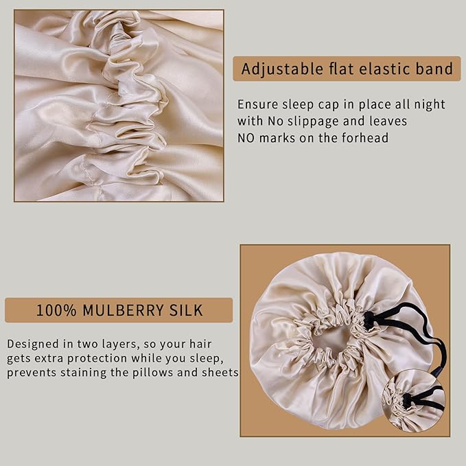 RedJoe 22 Momme 100% Mulberry Silk Bonnet Hair Wrap for Sleeping, Adjustable Silk Scrunchies Sleep Cap for Women Men Hair Care, Head Scarf Night Caps with Elastic Stay On Head, 1Pc(Beige,Beige)