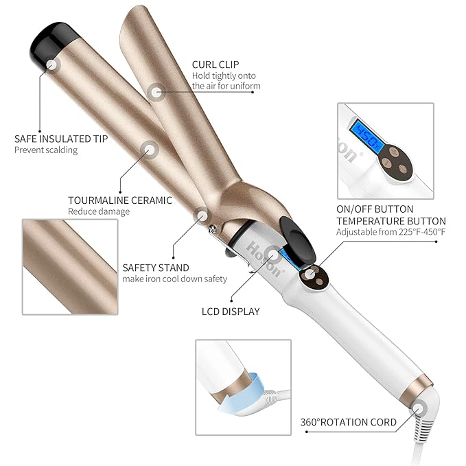 Hoson 1 1/2 Inch Curling Iron Large Barrel, 1.5 Inch Long Barrel Curling Wand Dual Voltage, Ceramic Tourmaline Coating with LCD Display, Glove Include