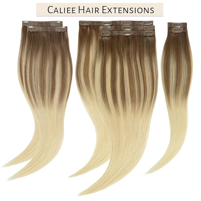 Caliee PU Clip in Hair Extensions Real Human Hair 22Inch Soft Thick Straight Clip in Hair Extensions Human Hair B8/60A Light Brown to Platinum Blonde Remy Human Hair Clip in Hair Extensions 110G