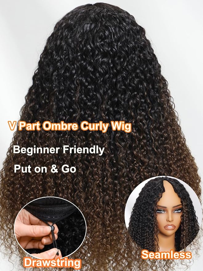 Julia Hair EasiContour V Part Curly Wigs Human Hair 12A Ombre Black to Chestnut Brown Glueless Wigs Clip in Vpart Wig No Leave Out Upgrade U Part Wig Beginner Friendly Ready to Go 20 Inch