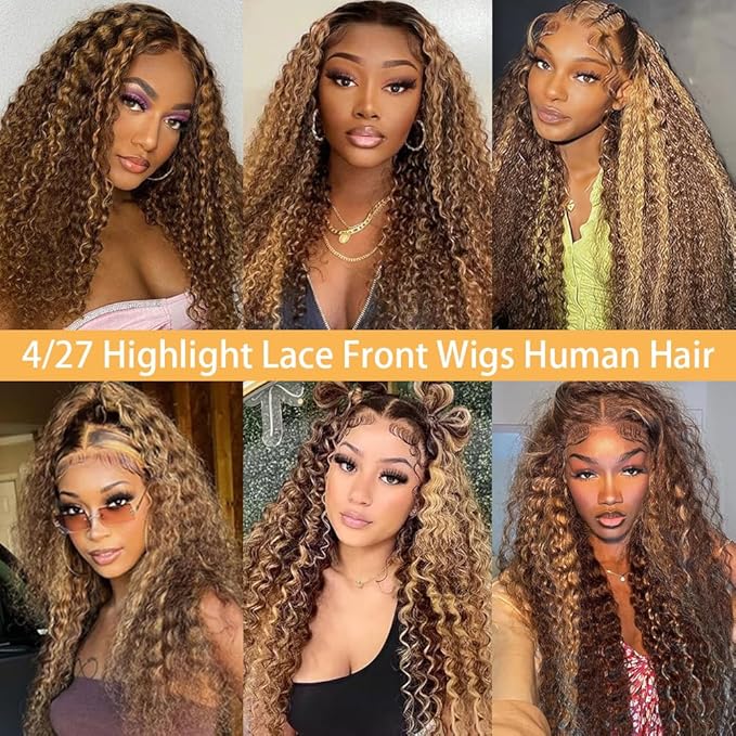 28inch Highlight Ombre Lace Front Wig Human Hair 13x6 HD Honey Blonde 4/27 Deep Wave Lace Frontal Wigs Glueless Wigs Human Hair