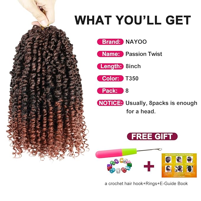 Passion Twist Hair For Kids - 8 Packs 8 Inch Passion Twist Crochet Hair For Women, Crochet Pretwisted Curly Hair Passion Twists Synthetic Braiding Hair Extensions(8 Inch 8 Packs, T350)