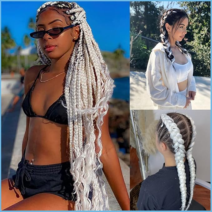 White Pre stretched Braiding Hair 2 Packs Pre feathered Braid Hair Extensions 30 Inches Hair Braids