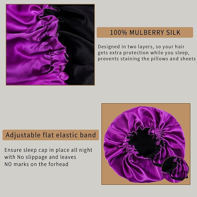 RedJoe 22 Momme 100% Mulberry Silk Bonnet Hair Wrap for Sleeping, Adjustable Silk Scrunchies Sleep Cap for Women Men Hair Care, Head Scarf Night Caps with Elastic Stay On Head, 1Pc(Purple,Black)