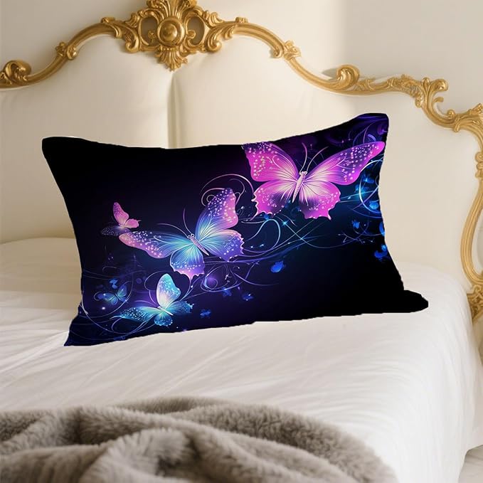 1 Pack Satin Pillowcase for Hair and Skin Purple and Blue Butterflies Imitation Silk Pillowcase with Hidden Zipper Soft Breathable Pillow Cover Standard Size for Bedroom Sofa 20”x26”