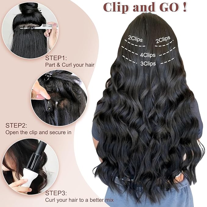 ALXNAN Clip in Long Wavy Synthetic Hair Extension 20 Inch Light Chestnut Brown 4PCS Thick Hairpieces Fiber Double Weft Hair for Women