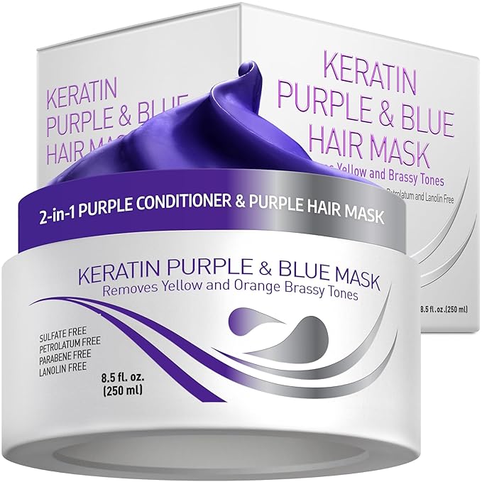 VITAMINS hair cosmetics Keratin Purple Hair Mask - Blue Hair Mask Deep Conditioner Treatment - Blonde Toner to Neutralize Brassiness in Brassy Blonde, Silver, White, Gray & Brown Locks