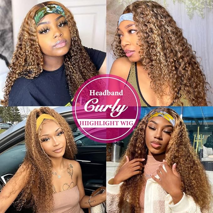 Eooma #4/27 Omber Headband Wig Human Hair 180% Density Curly Wigs for Black Women 10A Brazilian Curly Human Hair Headband Wigs Scarf No Gel Gluelees 22 Inch Remy Hair