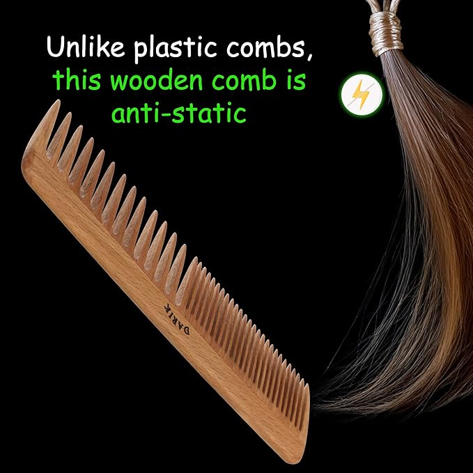 Wide Tooth Wooden Comb Handmade - Natural Vintage Style Wide Tooth Comb for Curls Gentle Styling - Anti-Static Wood Hair Combs For Women Detangling (Sparse and Dense Tooth)