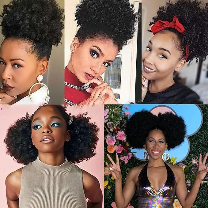 Afro Puff Drawstring Ponytail with Bangs ponytail extension for black women Short Curly Clip in Wrap Updo Hairpiece(T30) (No bangs, T30#)