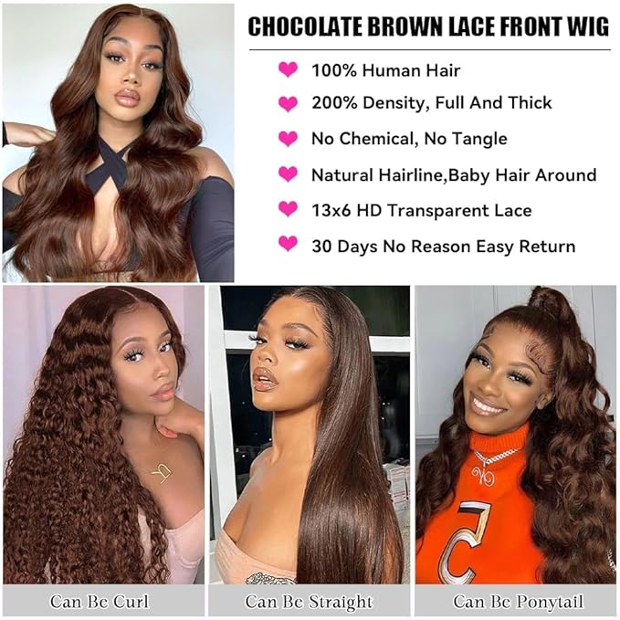 Full 200% Density 13x6 Body Wave HD Transparent Lace Front Wigs Human Hair Pre Plucked for Women Chocolate Brown Lace Front Wigs Human Hair with Baby Hair 100% Virgin Brazilian Hair 20inch